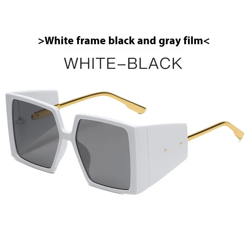 Large square frame sunglasses showing available colour options including black, blue, and orange frames.