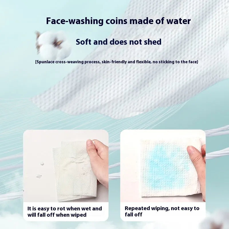 Roll of 100 disposable white face cloths on a hanging dispenser.