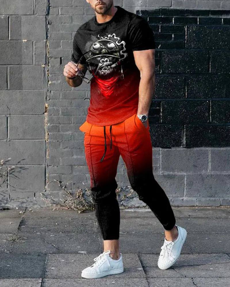 Man wearing a blue short-sleeved round neck pullover and matching trousers from a polyester sportswear set.