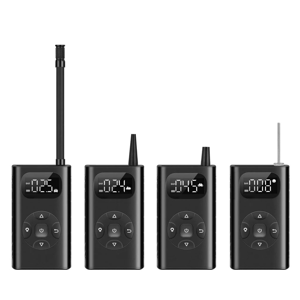 Black portable electric air compressor power bank with USB cable for tyre inflation