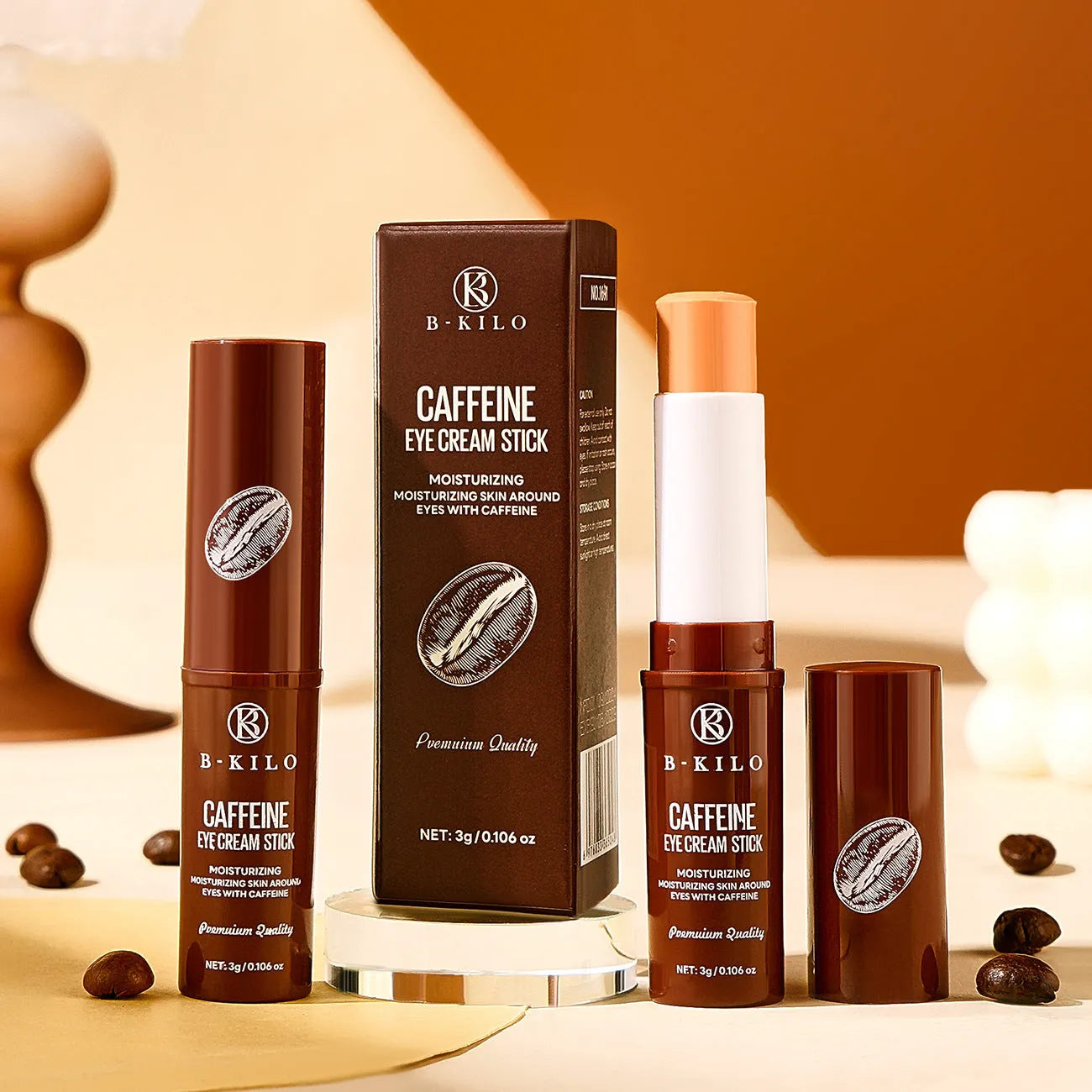 Caffeine eye cream stick in roll-on applicator for dark circles and fine lines, 3g size.