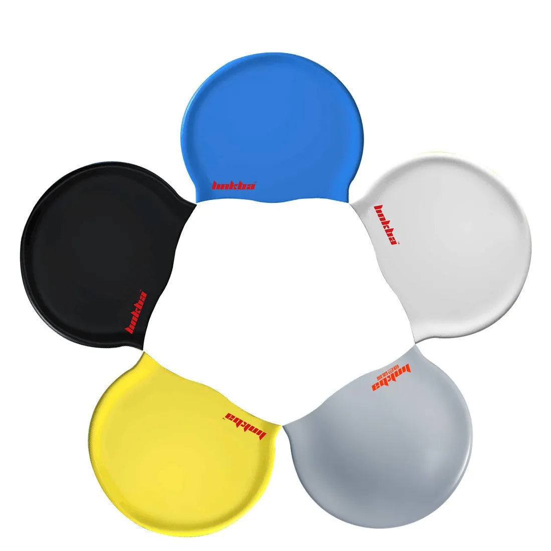 Professional silicone swimming cap with earmuff design and letter pattern in five colour options