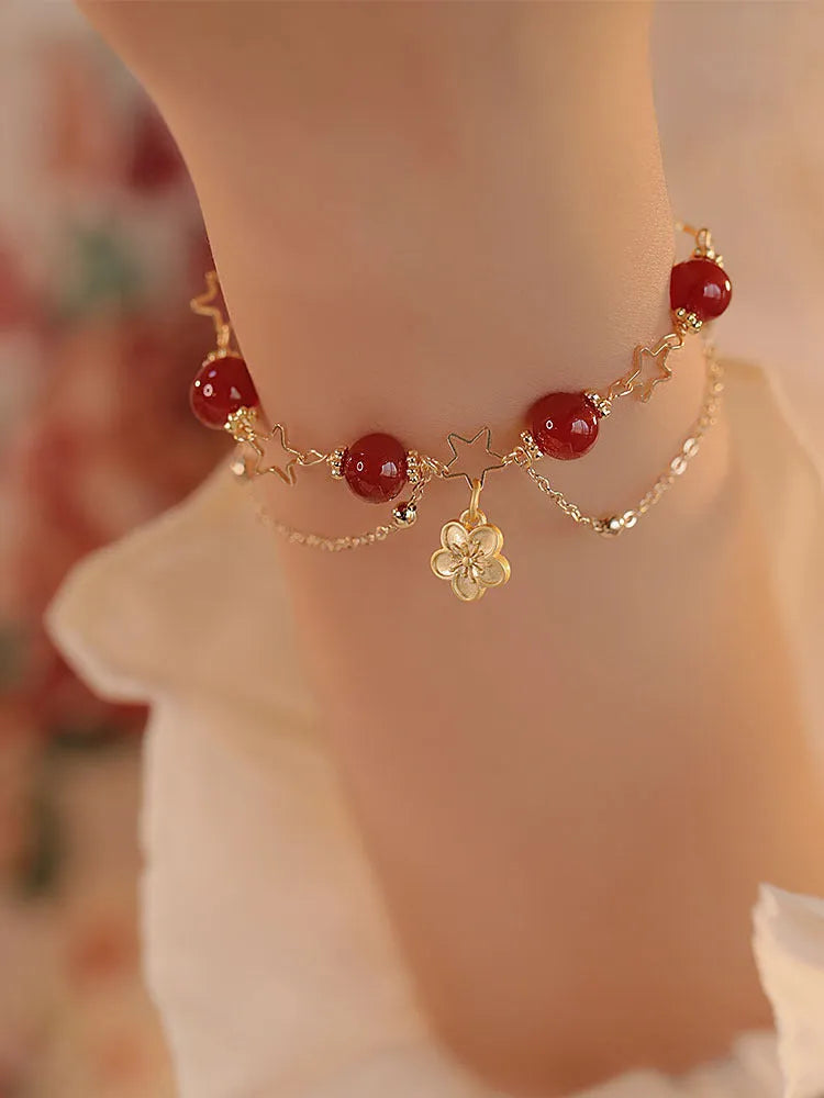 Women's red agate double layer ethnic bracelet with peach blossom floral design