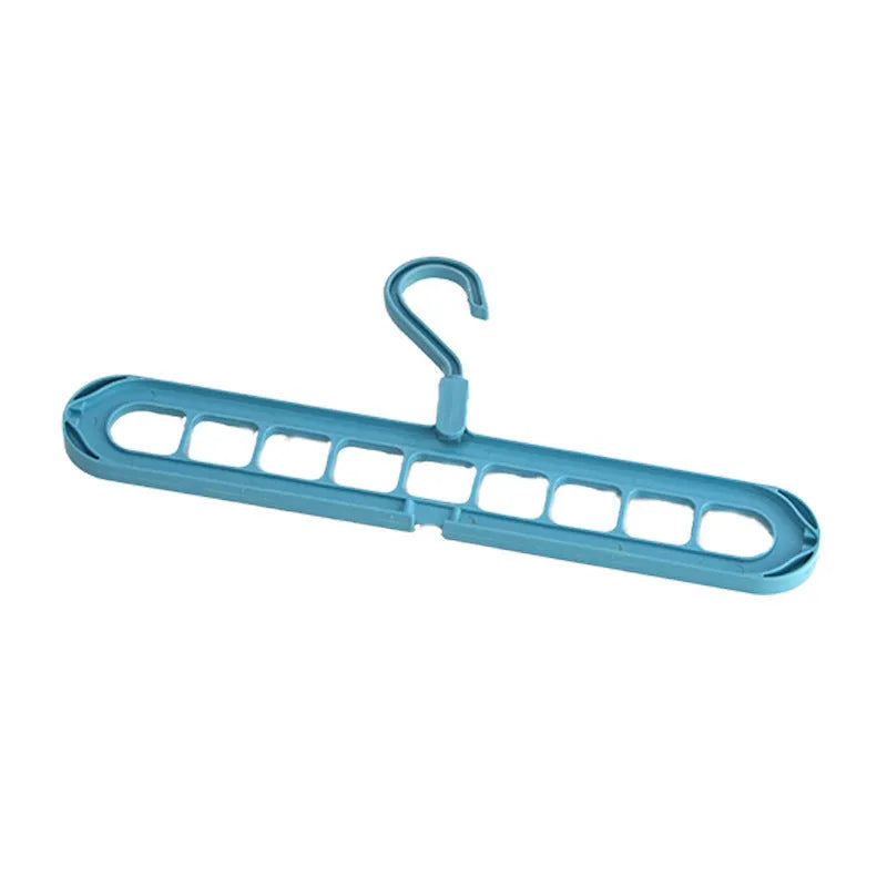 Multifunctional plastic nine-hole folding hanger for trousers, shown in beige, blue, green, pink, and grey colour options.