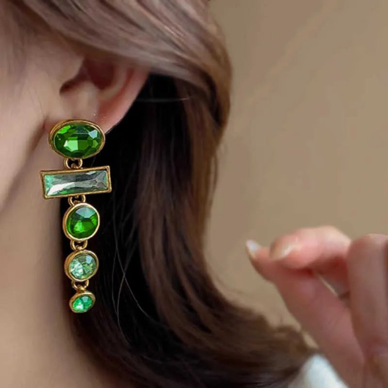 Green gradient geometric earrings with tassels and inlaid zircon detailing, Chinese-style alloy dangle earrings for women.