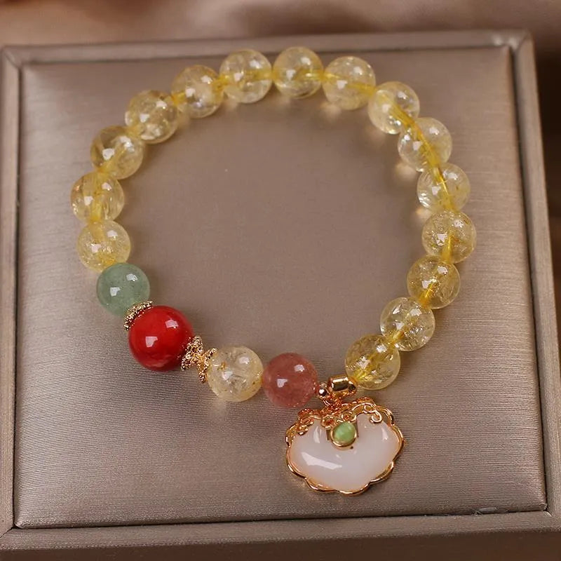 Women's natural citrine jade Ruyi pendant bracelet with yellow hair crystal jade accent on alloy chain