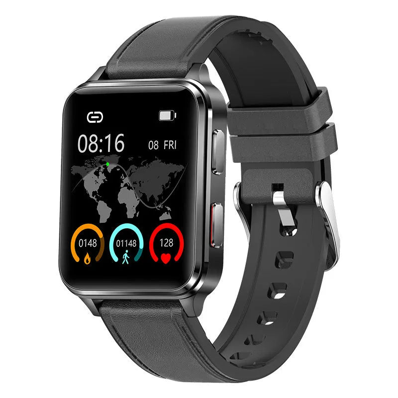 Multi-sport smartwatch with 1.70-inch screen showing fitness metrics on blue silicone wristband