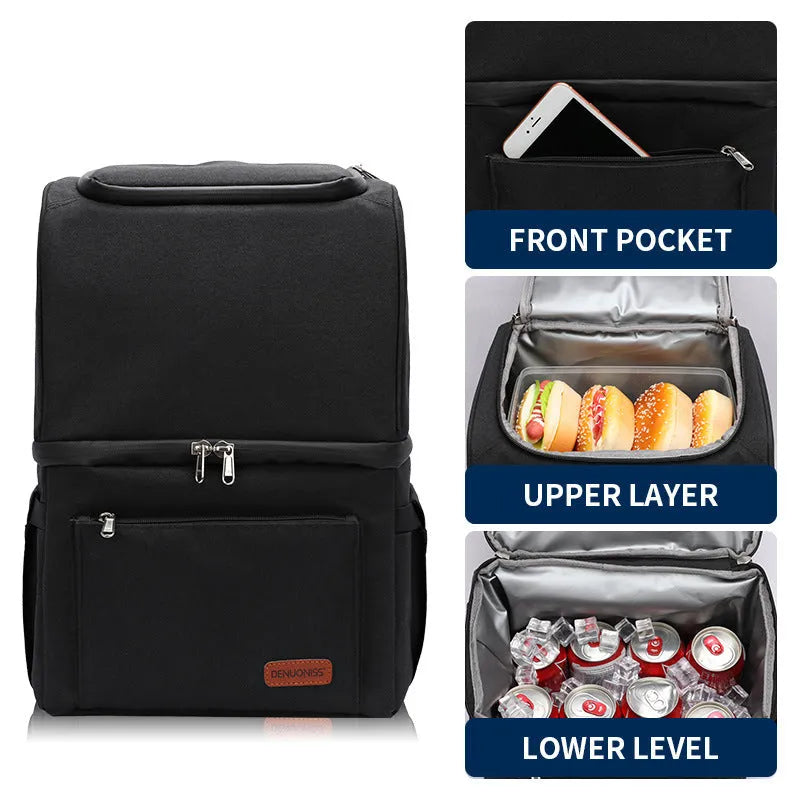 Blue double-layer insulated picnic backpack with shoulder straps and large main compartment.