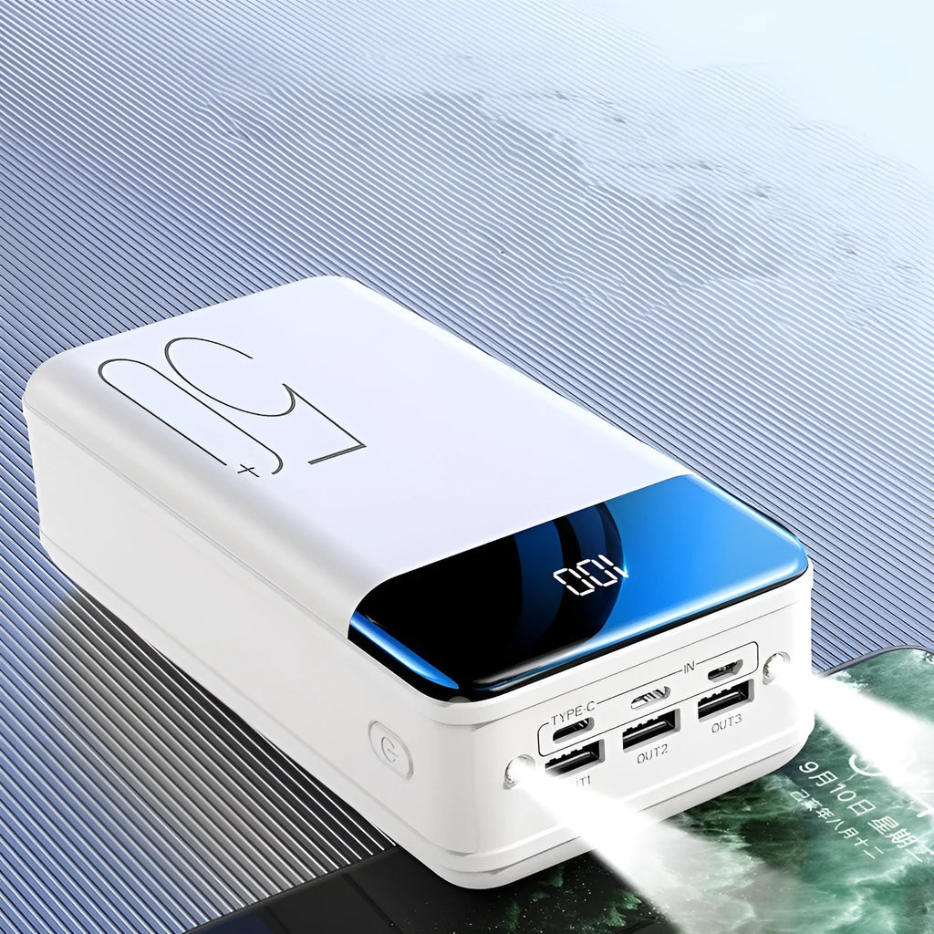 Large black or white 50000mAh power bank with three charging ports showing dimensions 169x83x52mm