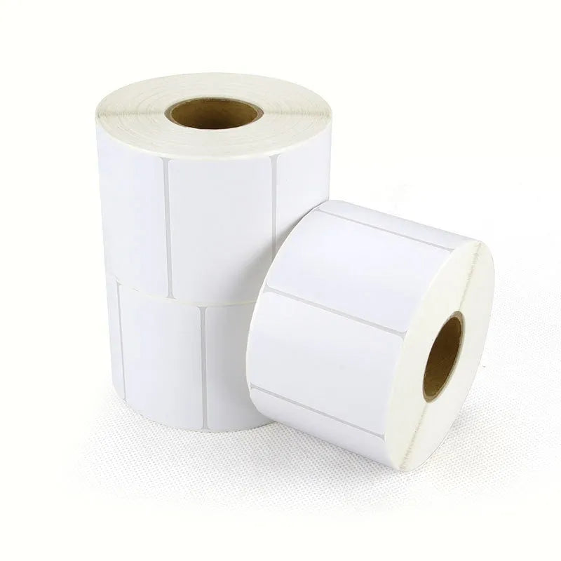 Roll of white 40x40mm thermal adhesive labels for retail pricing and product identification