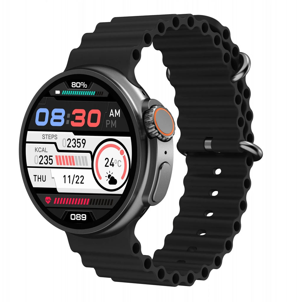 Black K9 smart watch with round screen on a silicone strap, showing a fitness stats dial.