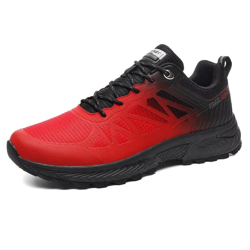 Men's plus size outdoor running shoes with mesh lining in black colour showing round toe shape and lace-up closure