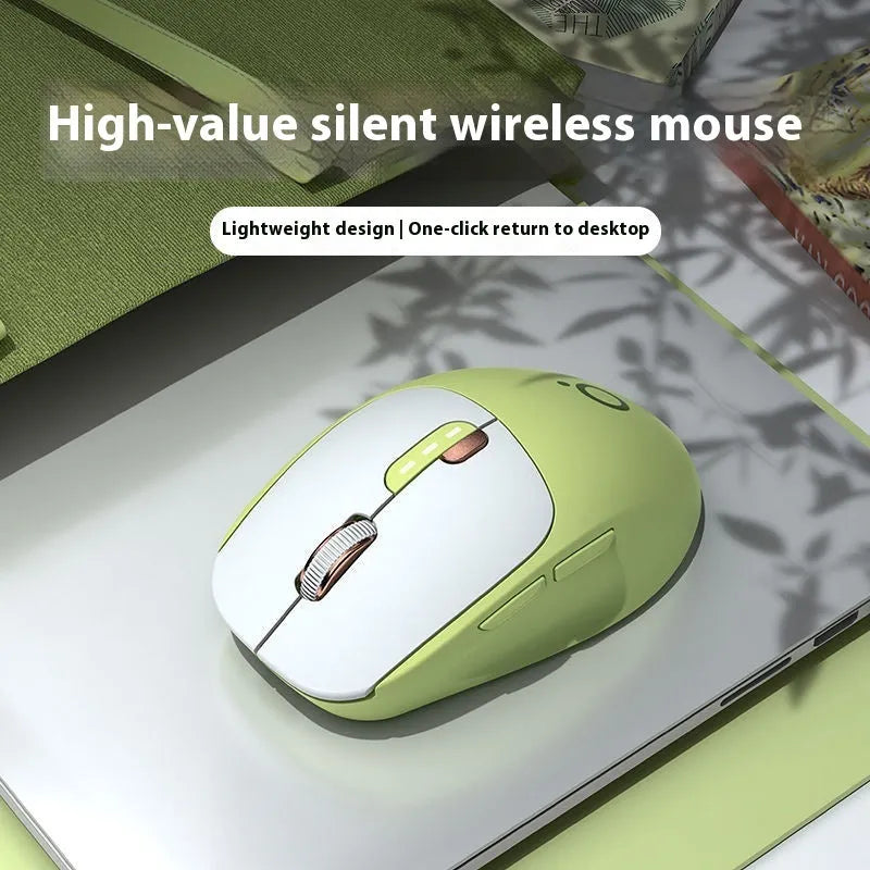 Mute wireless computer mouse in matcha green colour showing compact 110mm size with five buttons