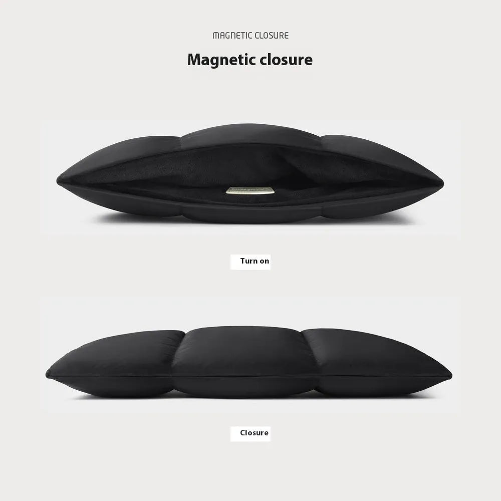 Black and khaki polyester laptop sleeve with sewing thread detail for 13 to 15.6 inch laptops.