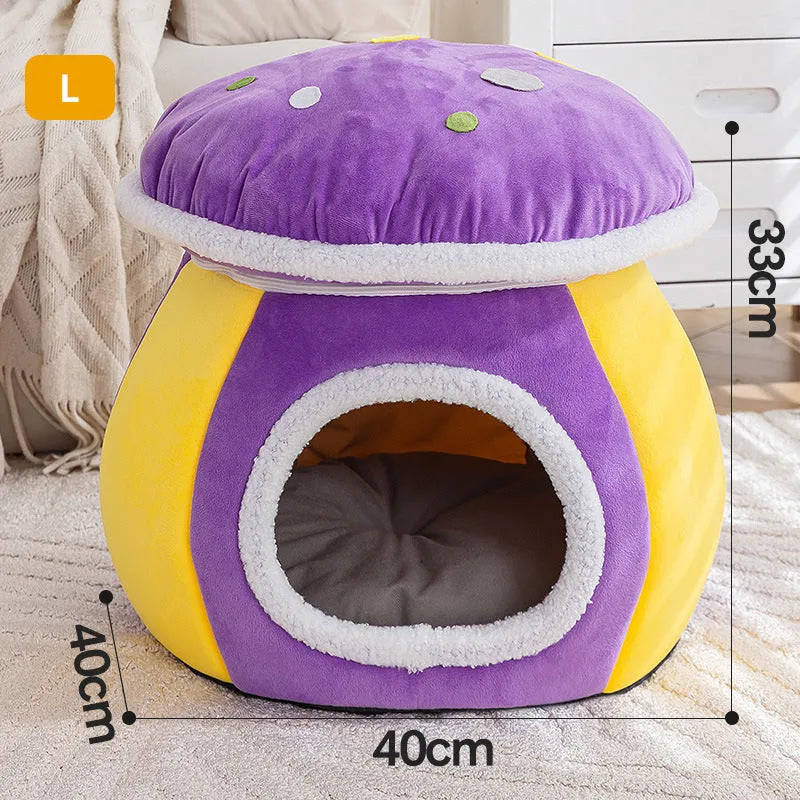 Grey mushroom-shaped hooded cat bed made of soft rabbit plush, shown with a cat inside.