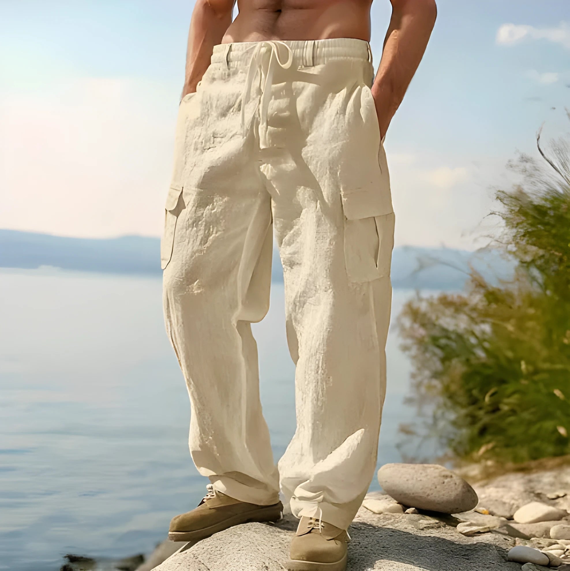 Men's cotton wide-leg trousers in light army green colour with casual mid waist design