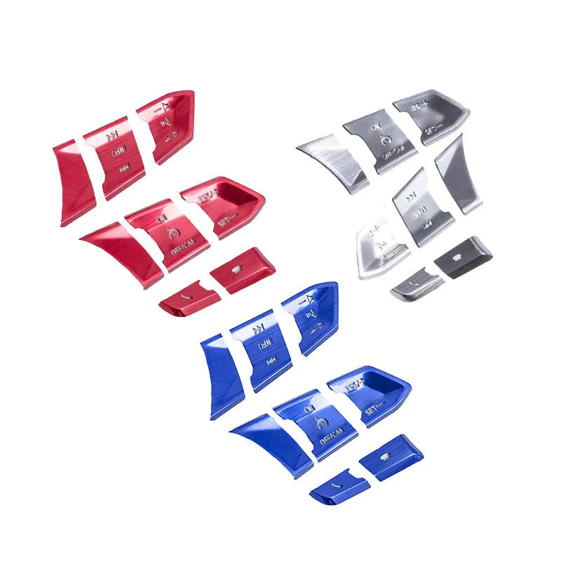 Atz aluminium alloy steering wheel decorative sticker set showing brushed red, silver, and blue hollow buttons