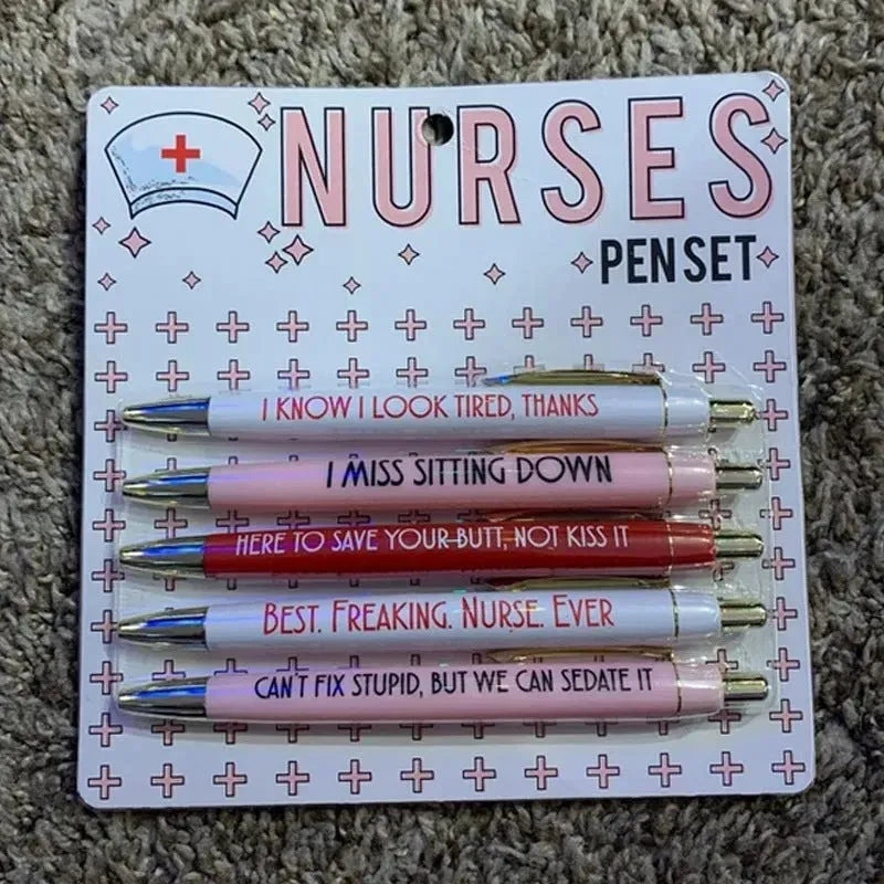 Set of five retractable ballpoint pens with funny nurse-themed graphics and copywriting.