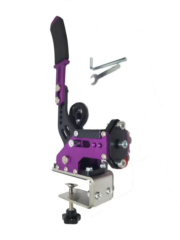 Black USB linear handbrake with aluminium mount for PC racing games next to a steering wheel.