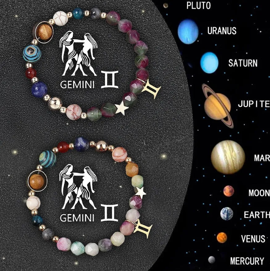 Natural stone beaded bracelets with zodiac symbols on stretchy elastic cord, showing two bracelets in set.