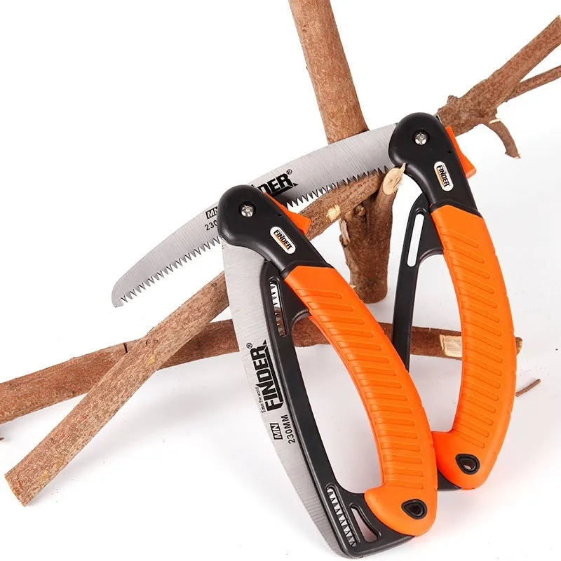 Folding garden saw with orange TPR grip and 9-inch steel blade extended for cutting