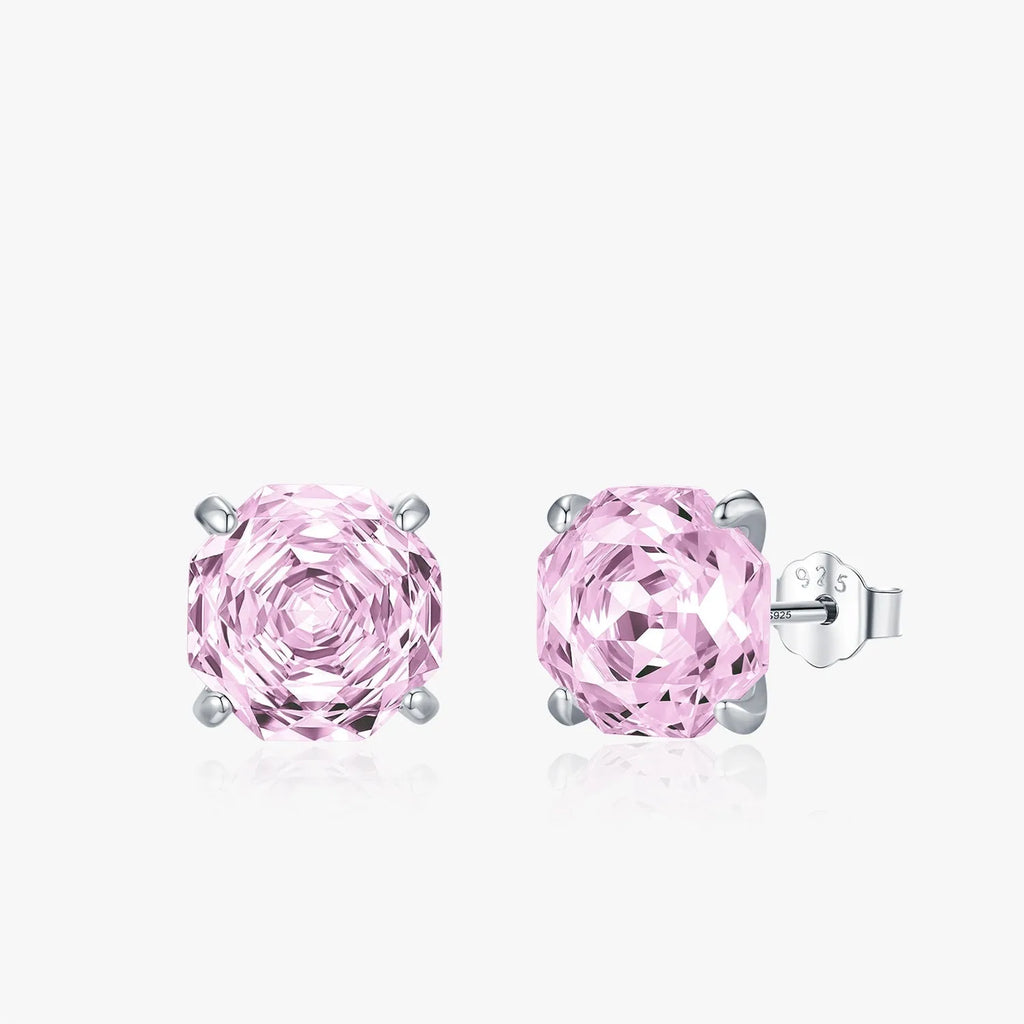 Pink S925 sterling silver rose flower stud earrings for women in 6mm and 8mm sizes.