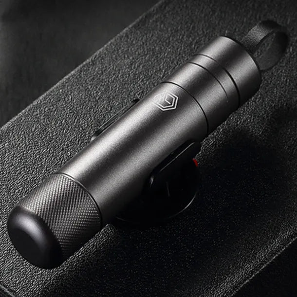 Gun grey automobile safety hammer with aluminium construction and steel impact head for emergency vehicle escape
