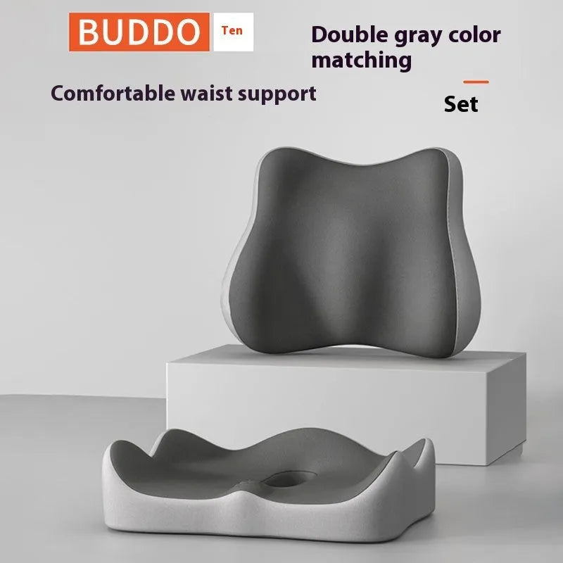 Memory foam waist rest seat cushion for office chairs shown in blue and grey colour combination
