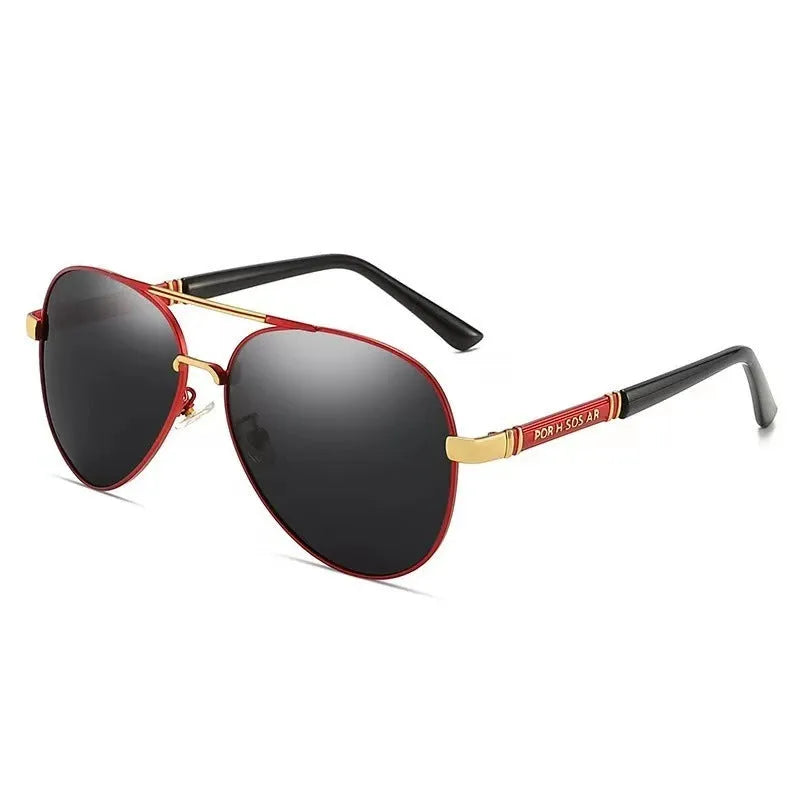 Men's metal frame polarised sunglasses in gold with grey lenses and dragon phoenix decoration.