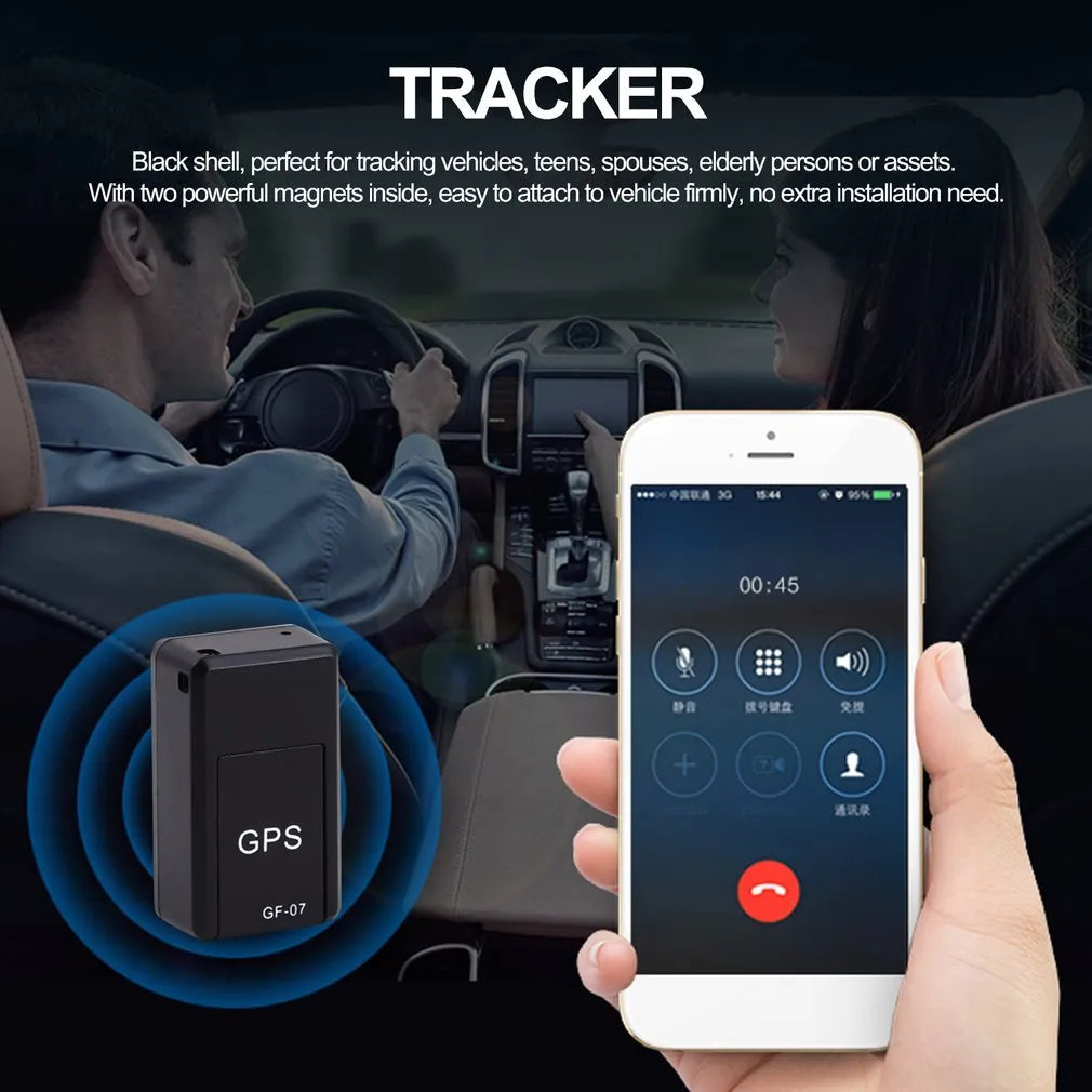 Black mini magnetic GPS car tracker device with dimensions 35x20x14mm