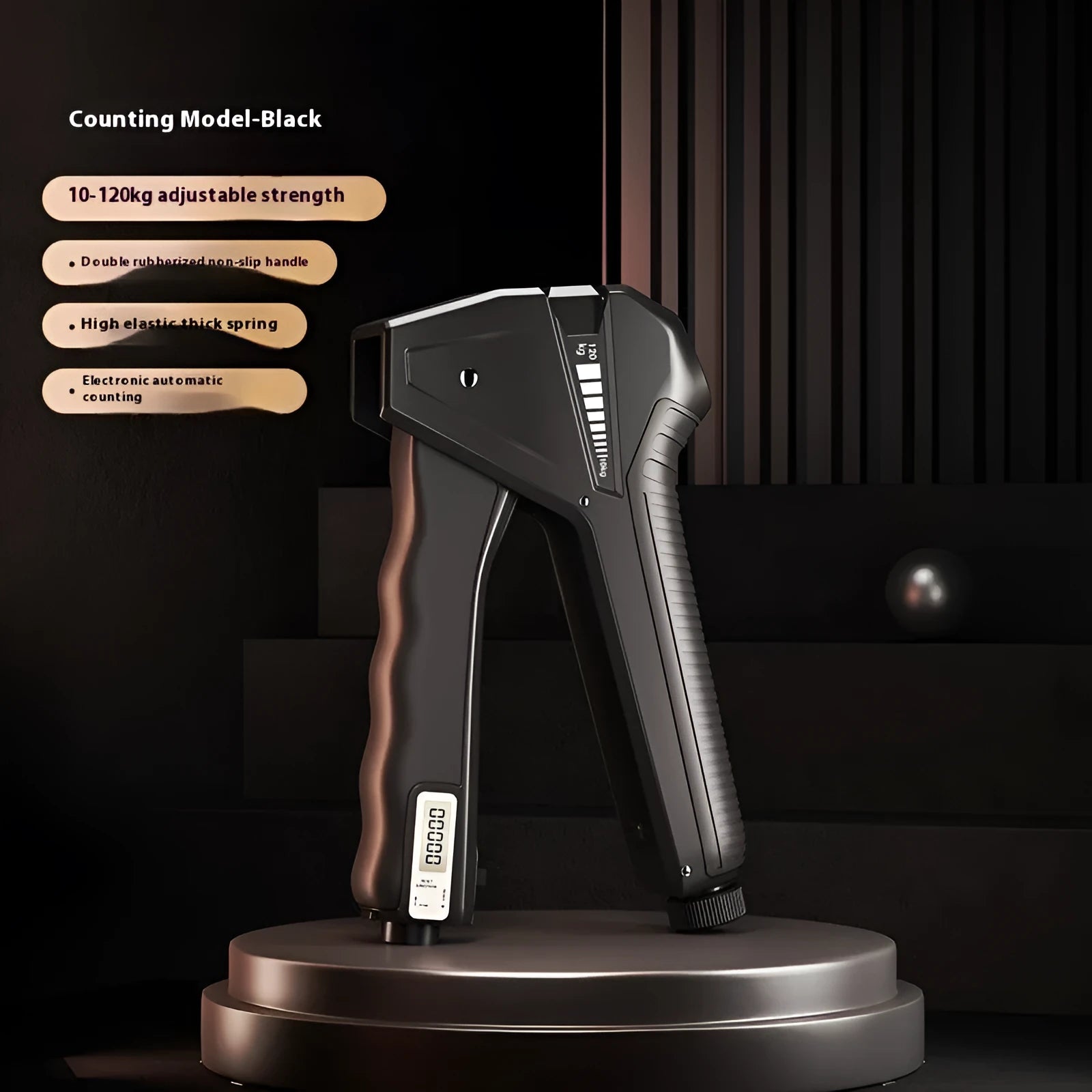 Adjustable hand gripper with mechanical counter showing 5-60kg resistance range in multiple colour options
