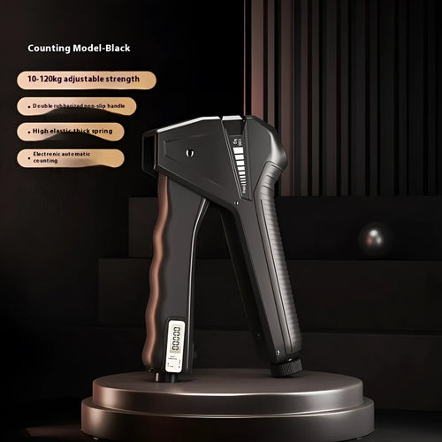 Adjustable hand gripper with mechanical counter showing 5-60kg resistance range in multiple colour options