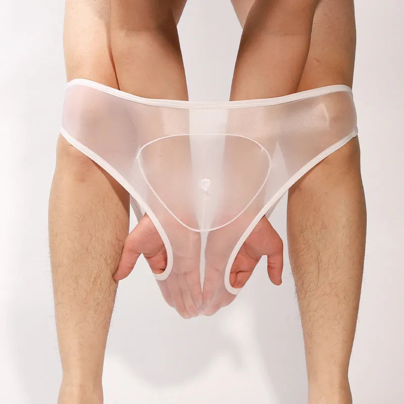 Men's silky nylon briefs with bullet separation in black, shown on a mannequin.
