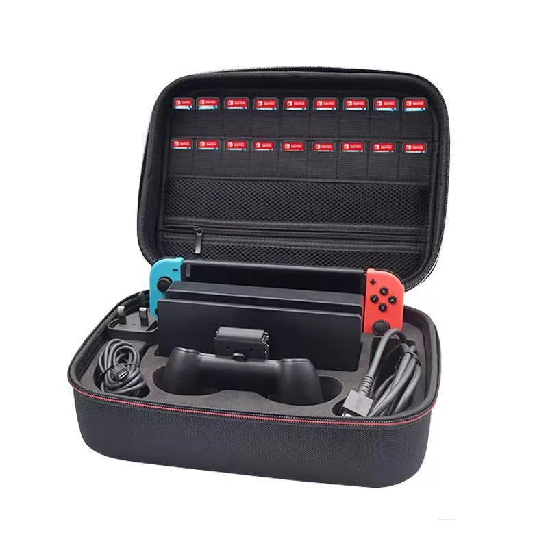Black EVA game console accessory storage bag showing two size options for controllers and cables.