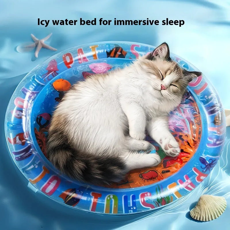PVC inflatable water bed cooling mat for dogs and cats on a floor, showing dolphin design.