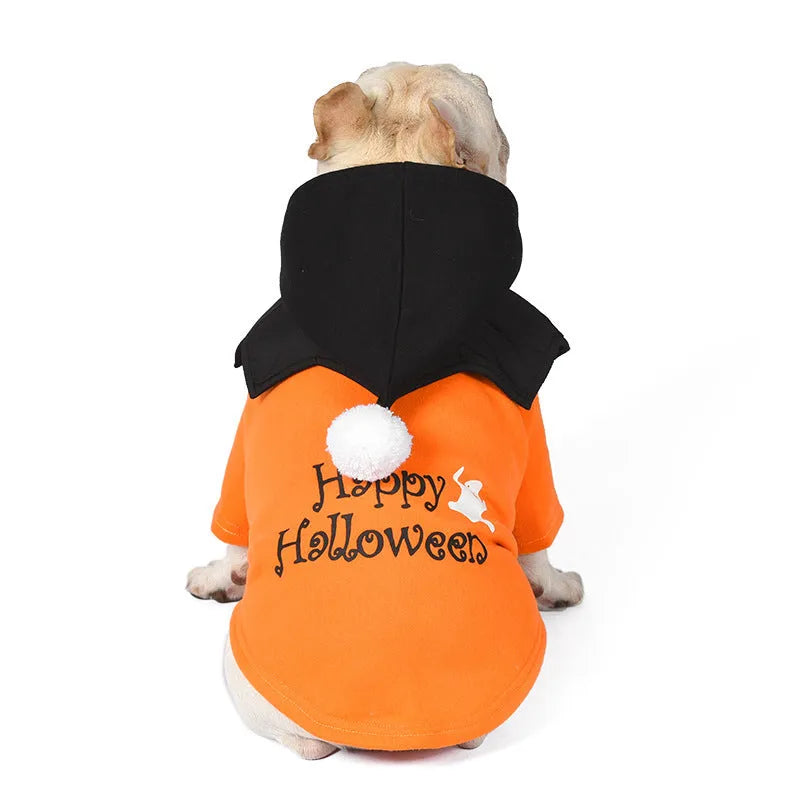 Halloween pumpkin design dog costume two-piece set in cotton material showing black and orange colour options