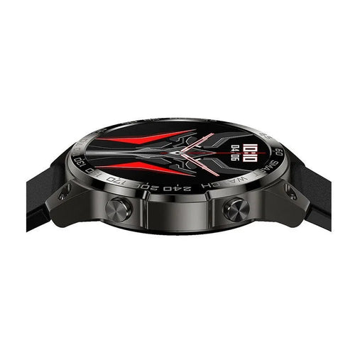 Bluetooth smartwatch with round AMOLED display showing fitness metrics on silicone wristband