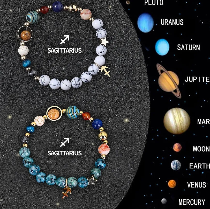 Two handmade natural stone beaded bracelets from a set of twelve zodiac sign designs.