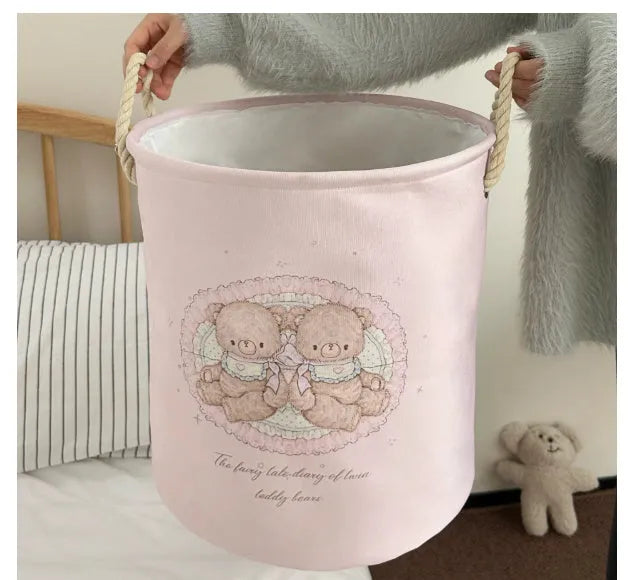 Foldable cotton cloth laundry basket in good night bear colour pattern showing large capacity design