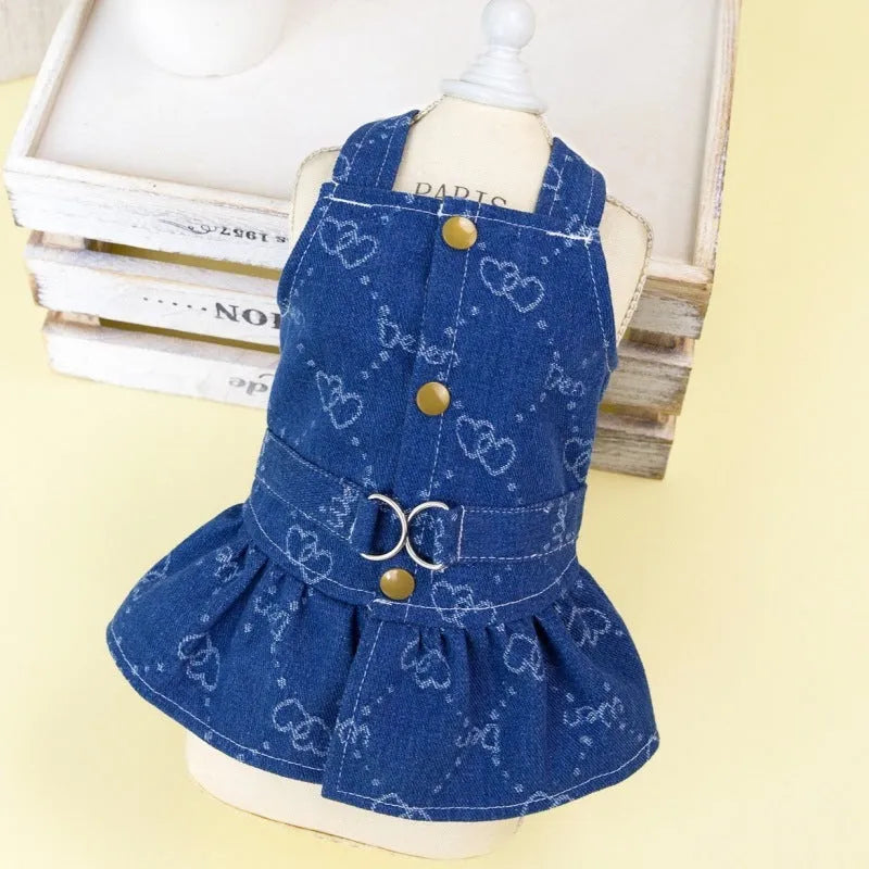 Denim blue princess dress for small dog with bracket skirt style on Bichon Frise