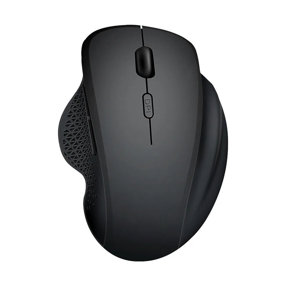 Black or grey wireless rechargeable mouse for laptops with USB cable, showing compact design.