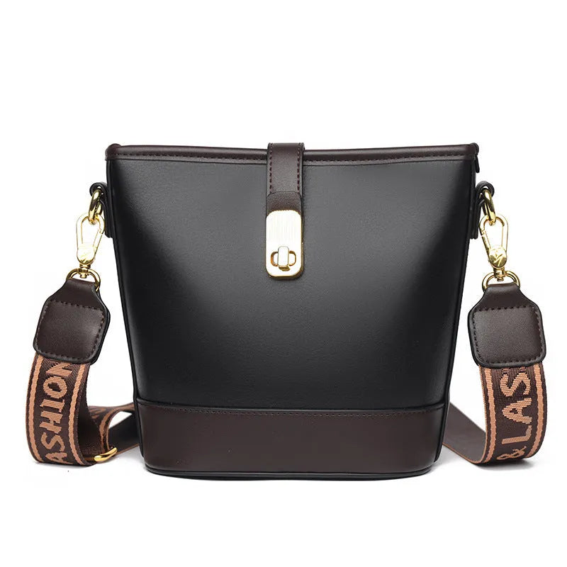 Korean style black PU bucket shoulder messenger bag showing internal organisation compartments