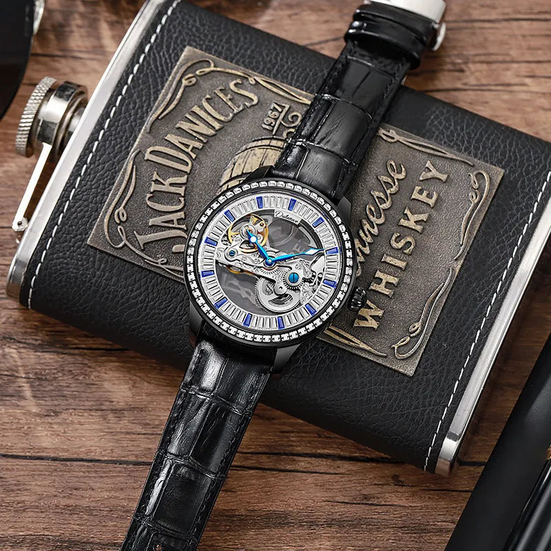 Men's luxury zircon mechanical watch with stainless steel case and black leather strap