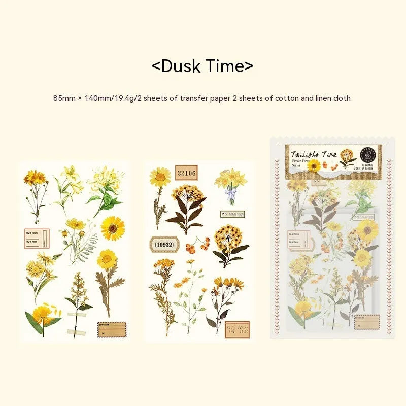 Huazhisen Series forest art style sticker pack showing 85x180mm transfer paper sheets with floral and forest designs