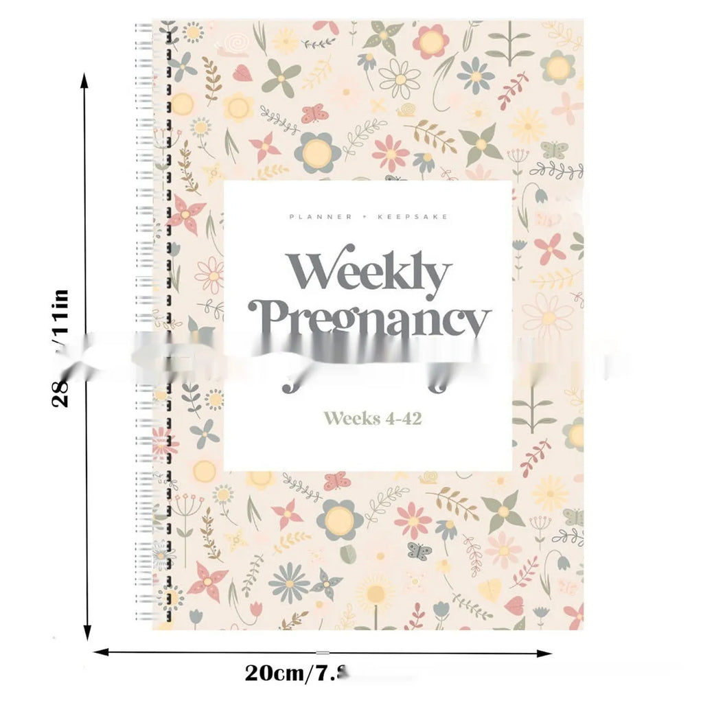 A5 pregnancy weekly diary notebook open showing weekly tracking pages