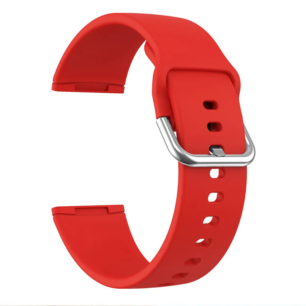 Silicone watch strap with silver buckle for Fitbit Versa 3 and Sense 2 in multiple colour options.