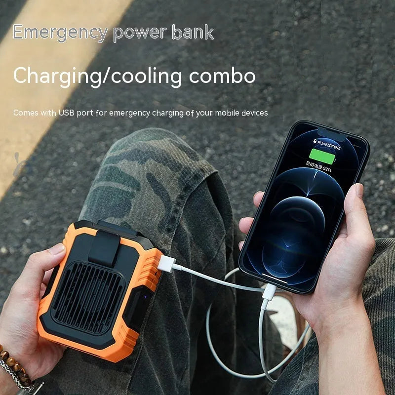 Green wrist-hanging personal fan with USB charging port and light function