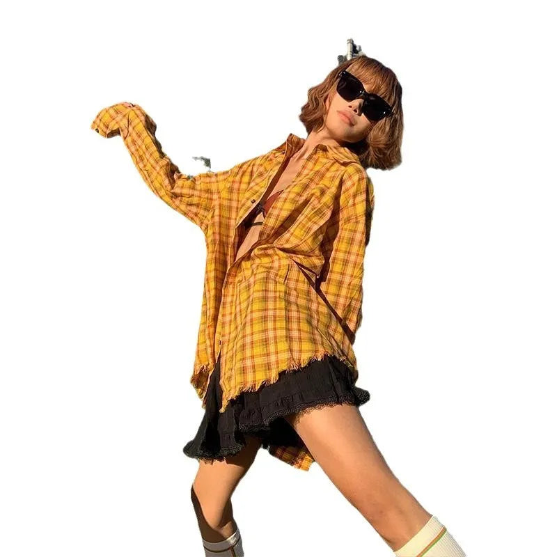Loose fit dopamine yellow plaid shirt with cardigan styling in polyester blend fabric