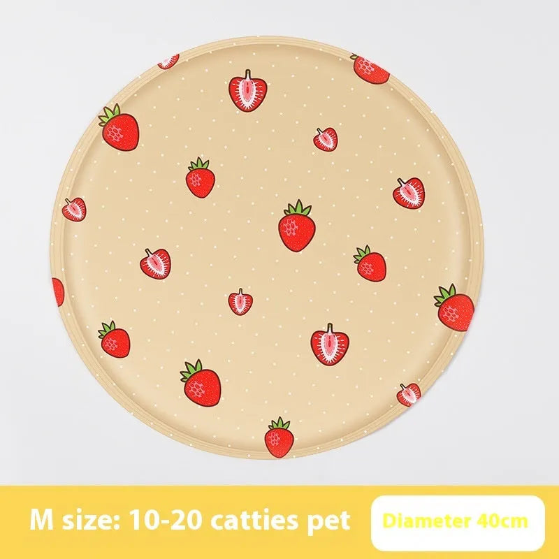 Round pet cooling mat with colourful cartoon design for dogs, showing gel filling and cloth cover