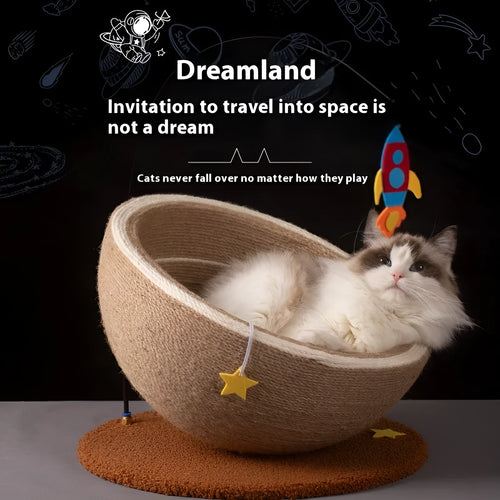 Large cat scratching basin with sisal rope post and flannel-lined nest in starlight colour